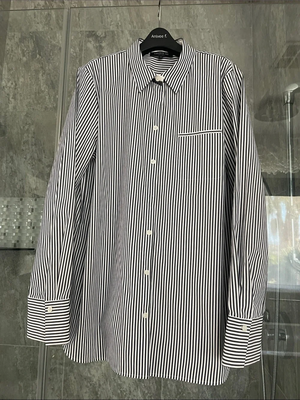 Lafayette 148 New York Women’s Navy and White Striped Dress Shirt/ Monili - Picture 10 of 10